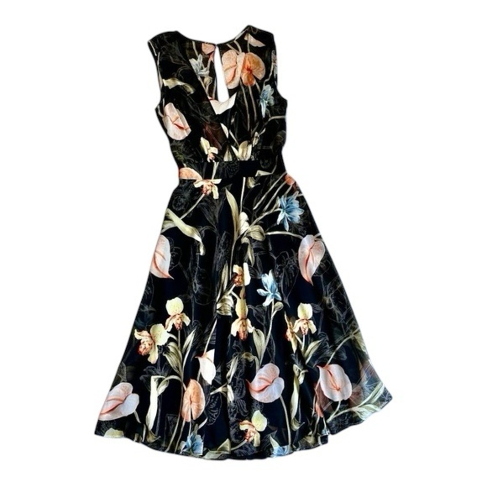 WHBM Fit Flare Dress Swing Feminine Flowy Black Floral Chifon Size 2 Sleeveless - Picture 2 of 15